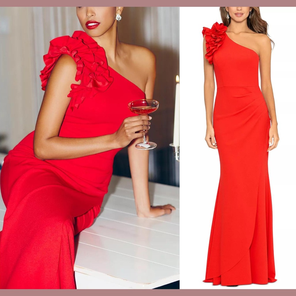 NEW $298 XSCAPE [ PETITE‎ 6P ] Ruffled Detail One Shoulder Gown in Red #S2045